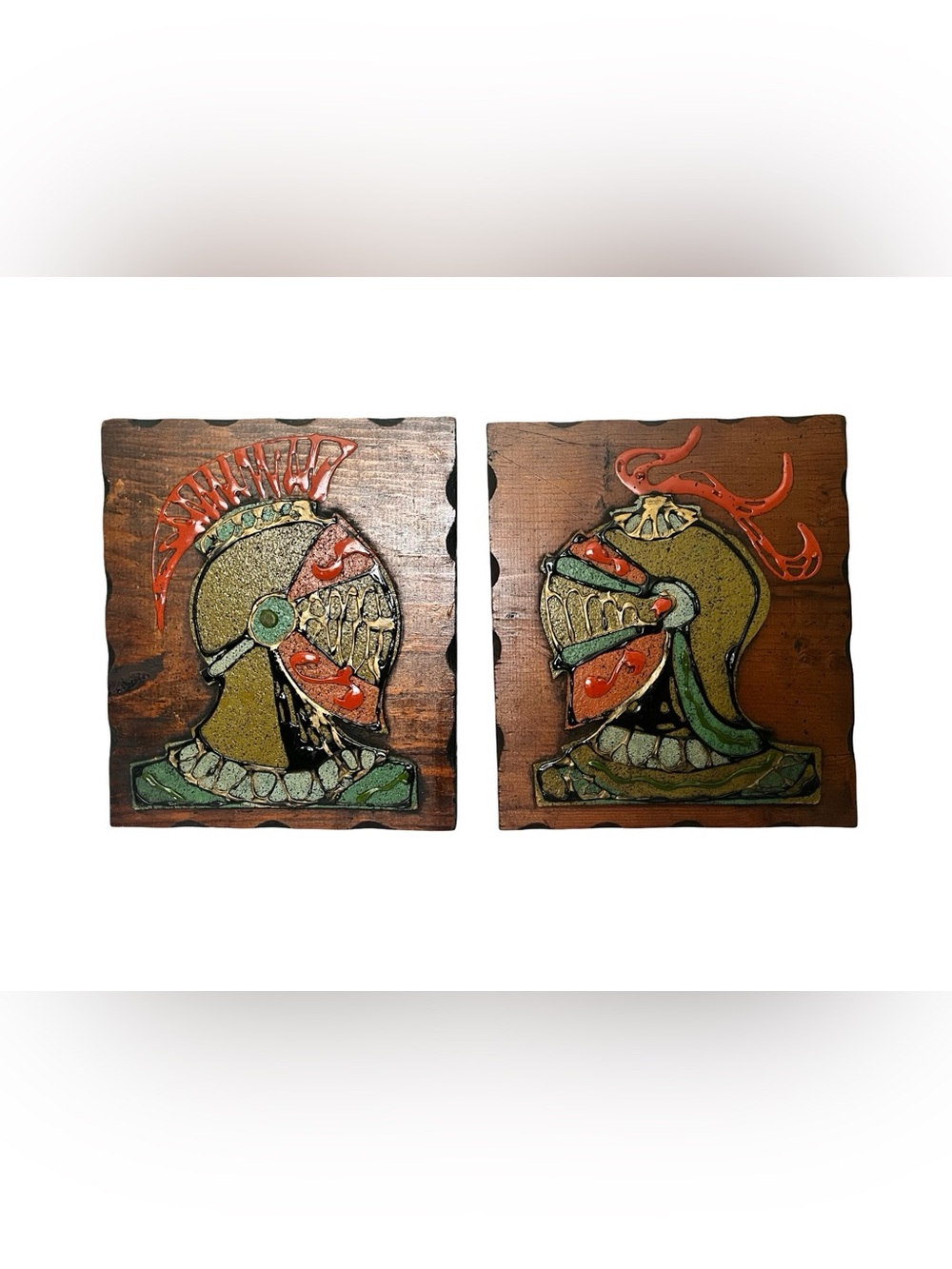 Vtg MCM 2 Knight Armor Rennfest Fantasy D&D 3D Medieval Wood Multimedia Painting